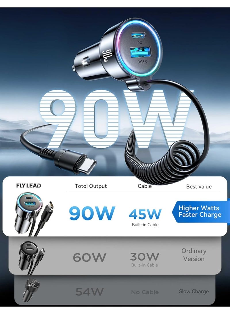 شاحن سيارة USB C 90W لـ iPhone 17/16 Pro Max، PD و QC3.0 مع كبل مُلتف نوع 45W بطول 5 أقدام، محول شحن سريع للهاتف في السيارة لـ iPhone 17Air/15 Pro، سامسونغ جالاكسي S25/S24/S23، بيكسل 10/LG/أندرويد، أيد باد - Image 5